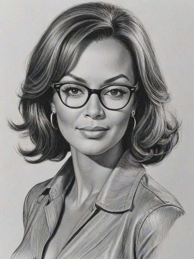 Beauteous Eva LaRue, pencil sketch, portrait of Magnificent woman 1960s in glasses, hair style beatnik, outline, clear lines, fine lines, 8k