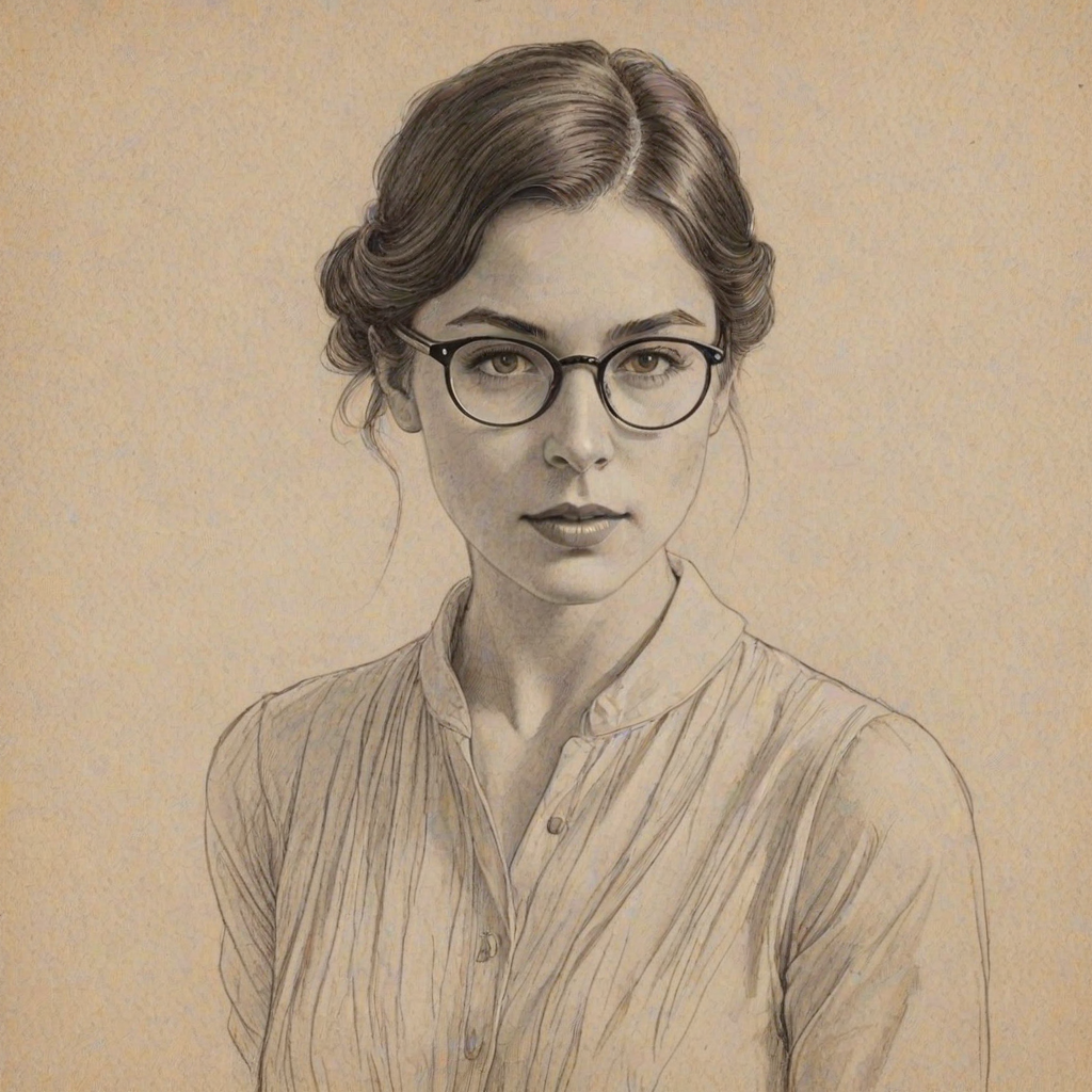 Resplendent Amelia Warner, pencil sketch, portrait of Elegant woman 1925s in glasses, hair style beatnik, outline, clear lines, fine lines, 8k