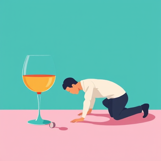 Create a minimalist illustration of a man crawling towards a large wine glass on a flat surface with a solid teal background, using a 50mm lens at f/2.8, 1/100s shutter speed, and ISO 100 for crisp detail and vibrant colors, captured in a digital style.