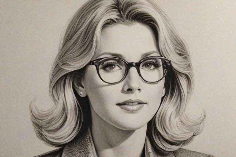 Radiant Olivia Newton-John, pencil sketch, portrait of Resplendent woman 1931s in glasses, hair style beatnik, outline, clear lines, fine lines, 8k