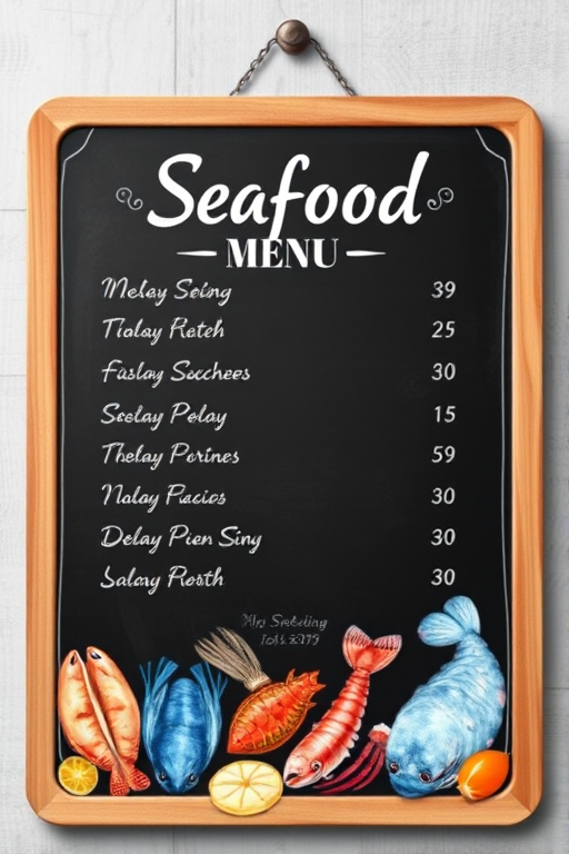 Create a high-resolution seafood menu design with a chalkboard background, featuring colorful watercolored illustrations of various seafood at the bottom, use a DSLR camera with an aperture setting of f/2.8, ISO 100, and a focal length of 50mm for a sharp focus and vibrant colors, in a top-down view style.