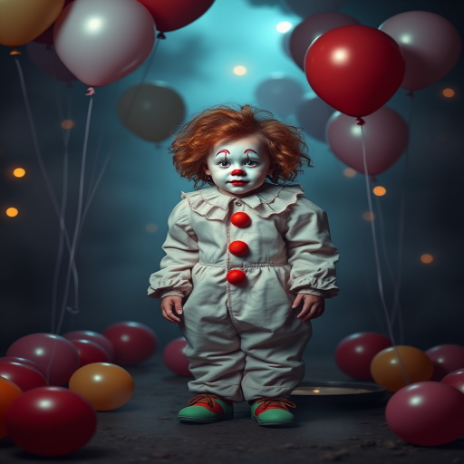 Create an image of a child dressed as a clown standing on a foggy path surrounded by colorful balloons. The clown has curly hair, a white face with red accents, and is wearing a puffy costume with colorful buttons. The background is dimly lit, with soft glowing lights and more balloons floating in the air, creating a slightly eerie yet whimsical atmosphere.