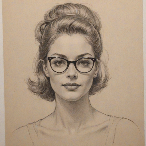 Wonderful Zoe Laverne, pencil sketch, portrait of Lovely woman 1959s in glasses, hair style beatnik, outline, clear lines, fine lines, 8k