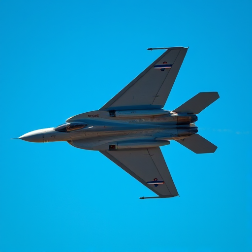 high-resolution image of a fighter jet in flight, using a DSLR camera with a 50mm lens, aperture f/2.8, shutter speed 1/1000s, ISO 100, shot from a low angle against a clear blue sky to enhance detail and clarity