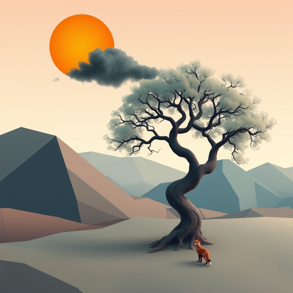 3D Geo-abstract landscape pastel muted colours. abstract tree with twisted contorted trunk. round vivid orange opaque sun in sky with single dark cloud. tiny fox. Topaz Look filter applied plus Topaz edge. Generative fill with some objects in PS.