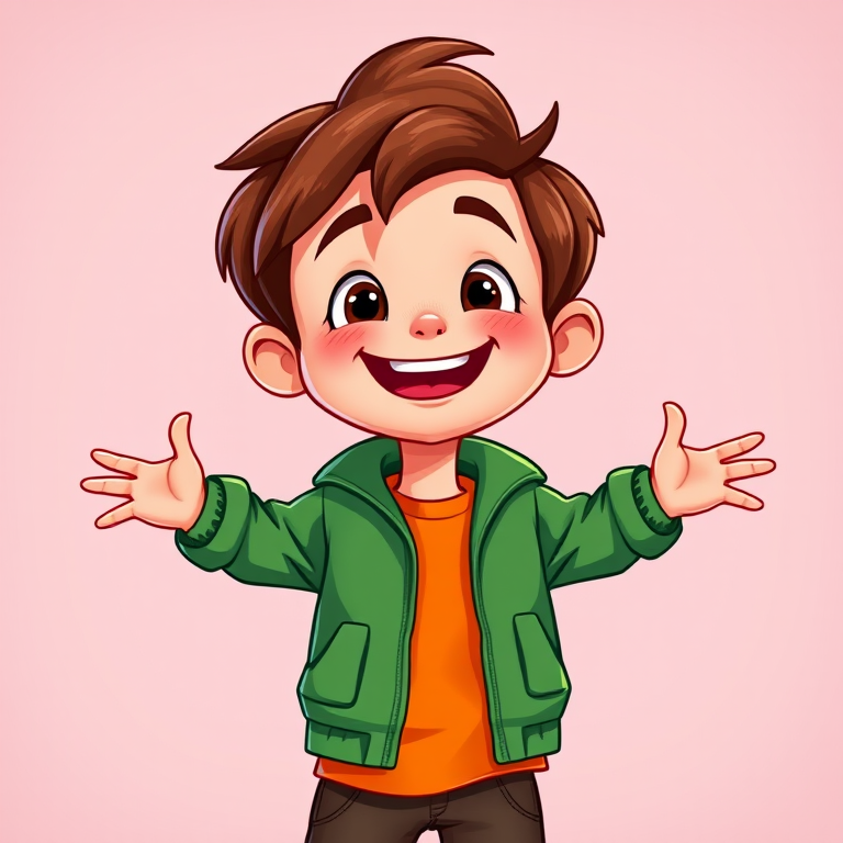 Create a vibrant vector illustration of a cheerful cartoon boy with brown hair, wearing a green jacket and orange shirt, standing with arms open, shot with a Canon EOS 5D Mark IV at f/2.8, ISO 100, 50mm lens in a colorful and playful style.