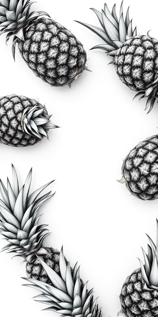 Create a high-resolution black and white illustration of pineapples on a white background with detailed textures, using a DSLR camera with a 50mm lens at f/8 aperture, ISO 100, and a top-down view to enhance clarity and depth.