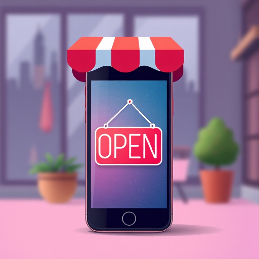Create a digital illustration of a smartphone displaying an open sign with a shop awning above it, use a 50mm lens, f/2.8 aperture, soft focus background, and a wide-angle view to enhance clarity and depth.