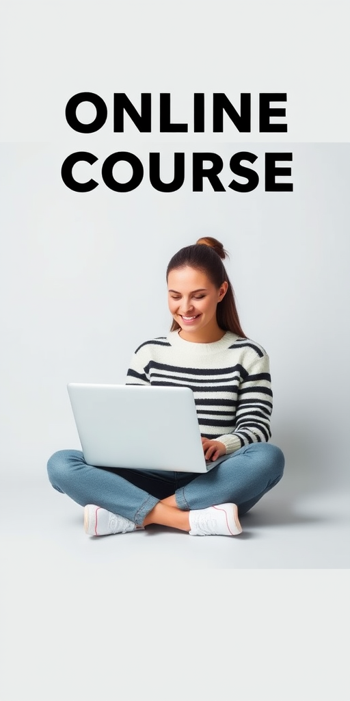 Create an image of a young woman sitting cross-legged on a light gray background, working on a silver laptop, wearing a black and white striped sweater, with the text "ONLINE COURSE" in bold to the side; camera settings: aperture f/2.8, ISO 100, shutter speed 1/125s; camera view: eye level, framing the subject in the center; camera style: bright and vibrant; camera type: DSLR.
