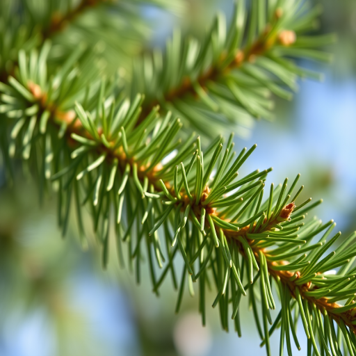 Close-up of fresh green pine tree branches with a blurred background, using a DSLR camera with a 50mm f/1.8 lens, aperture at f/2.8, ISO 100, shutter speed 1/200s, in natural sunlight to enhance details and texture.