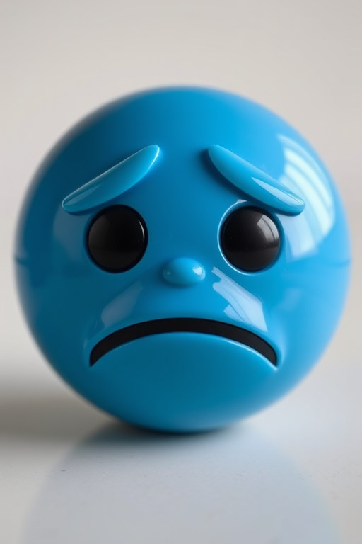 Create a high-resolution image of a blue sad face emoji, using a 50mm lens, f/2.8 aperture, 1/100 shutter speed, with a shallow depth of field, under soft lighting for a glossy finish, captured with a DSLR camera from a front-facing view.
