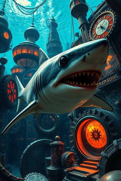 steampunk shark swimming through a submerged city with gears and clockwork elements, underwater lighting, vibrant colors, 50mm lens, f/1.8 aperture, ISO 200, shot in HDR, wide-angle view, digital art style