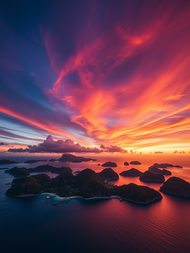 high-resolution aerial view of tropical islands at sunset with vibrant orange and purple skies, using a drone camera with a wide-angle lens at f/4, ISO 100, shutter speed 1/200s, capturing rich colors and fine details in the landscape
