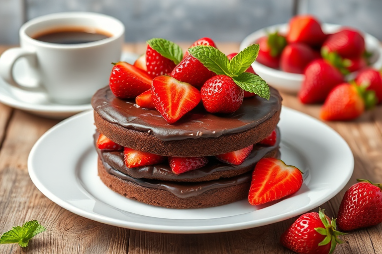 A delicious chocolate cake layered with fresh strawberries on top garnished with mint leaves placed on a white plate with a rustic background featuring a cup of coffee and additional strawberries nearby