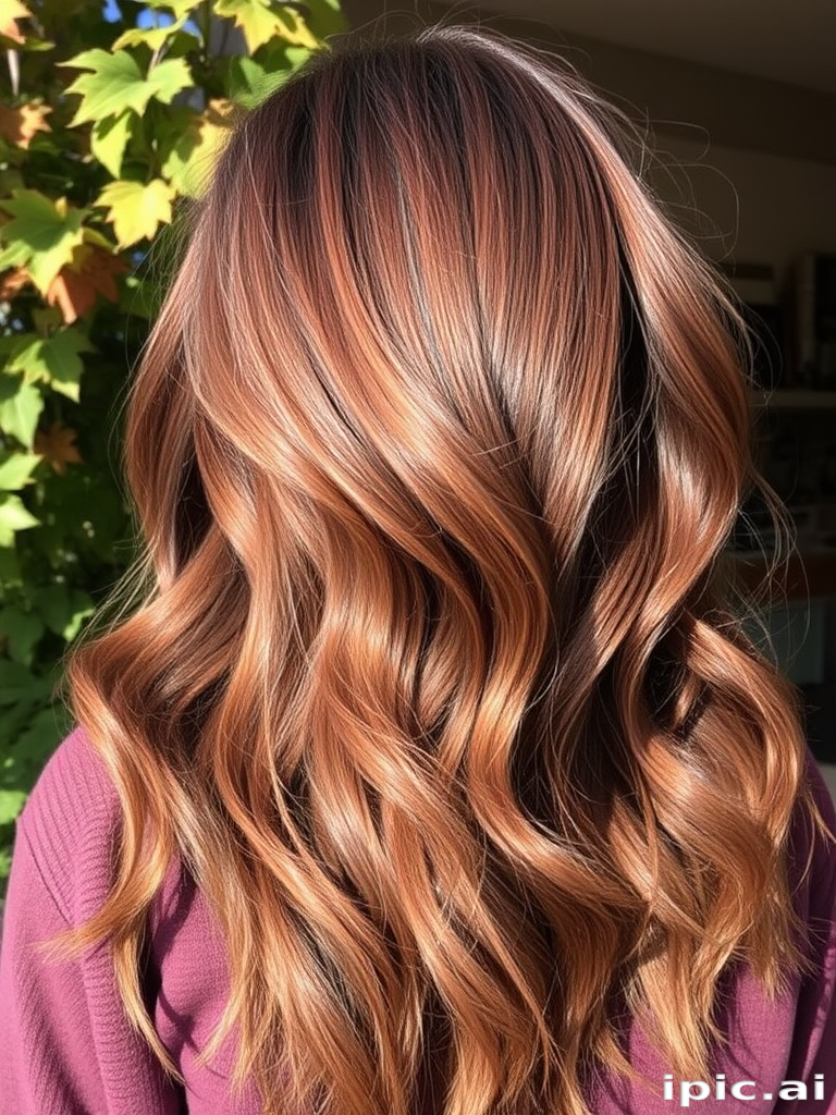 Rich mahogany locks styled in the "Woodland Whisper" fashion flow in loose, tousled waves with subtle copper highlights reminiscent of sunlight filtering through autumn leaves