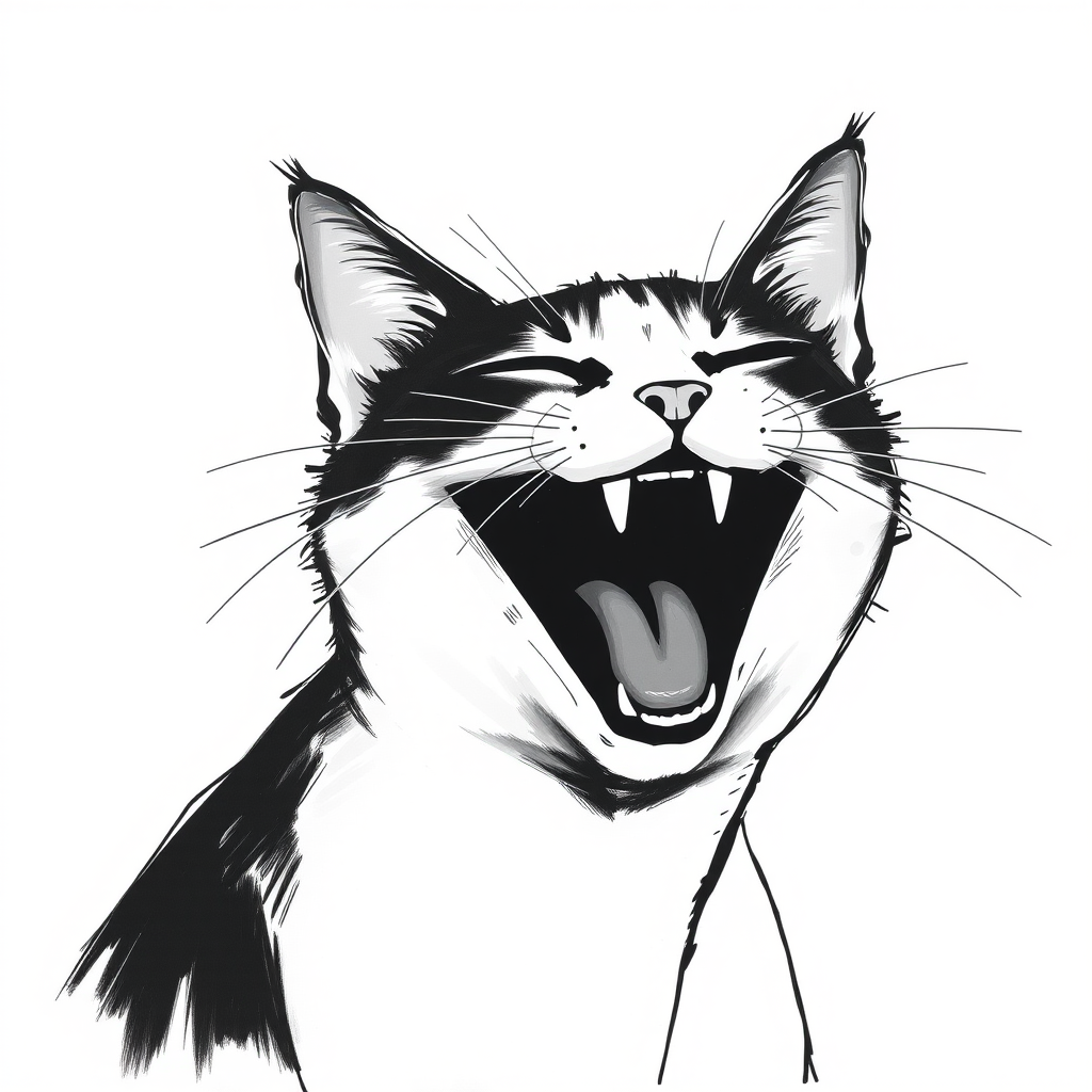 Abstract black and white acrylic portrait of an over exaggerated laughing (cat). Minimalism style. White background.