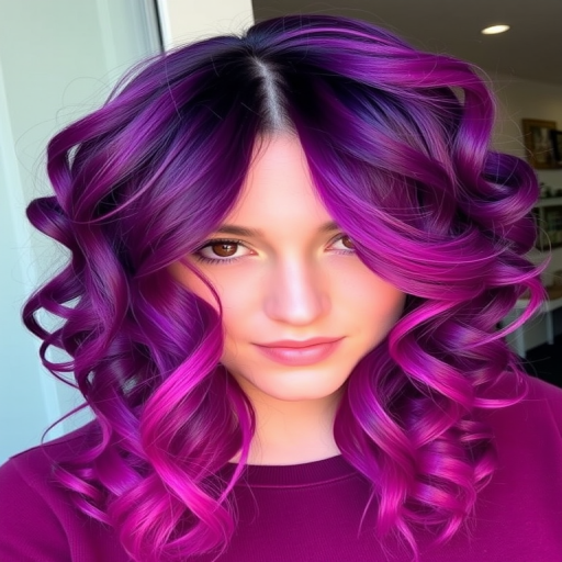 Deep purple to magenta gradient hair styled in loose spiral curls, known as "Twilight Cascade" style, featuring a center part and face-framing tendrils