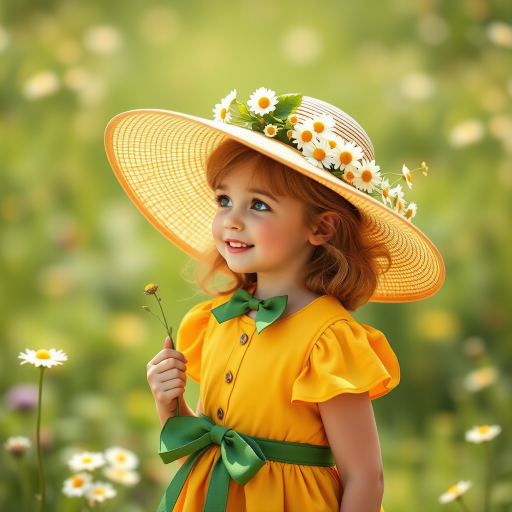 Generate a vintage illustration of a girl in a yellow dress with a green bow and daisies, holding a wide-brimmed hat adorned with flowers, captured with a Canon EOS 5D Mark IV, 85mm lens, f/1.8 aperture, ISO 200, in natural light for a soft focus effect.