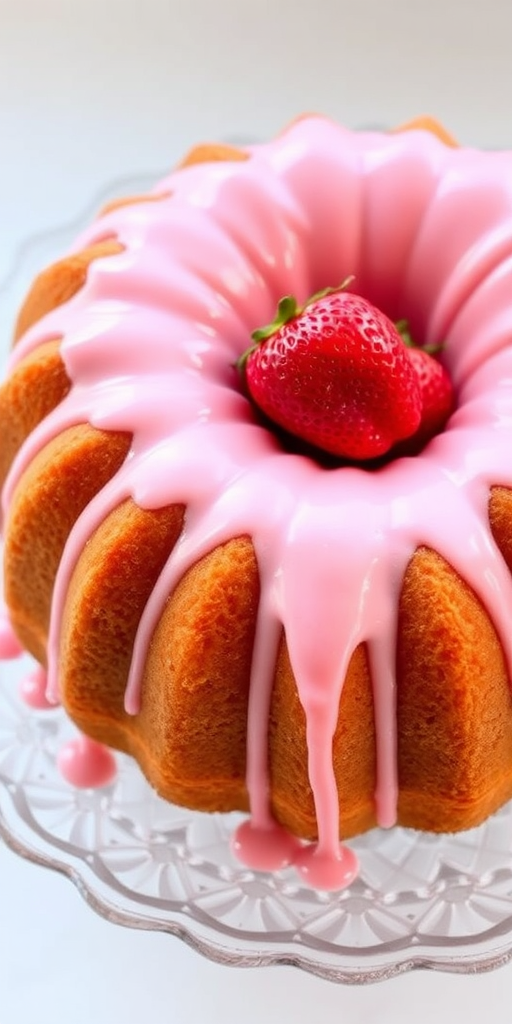A round bundt cake with a smooth pink icing glaze drizzled over the top, adorned with fresh strawberries on the center, placed on a decorative glass platter. The cake has a golden-brown color and a glossy finish, with a textured surface that hints at a moist interior.
