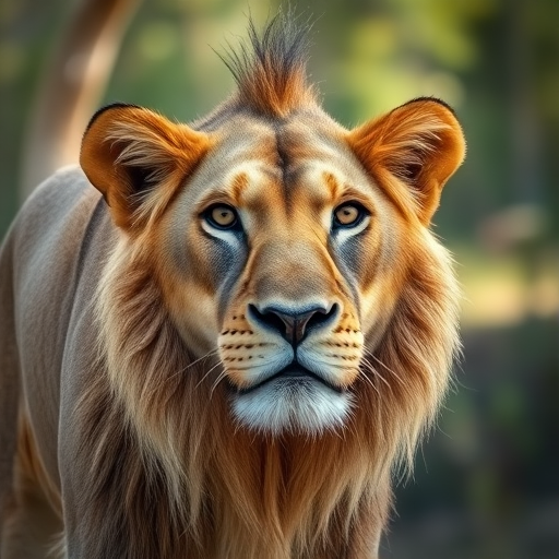 generate a high-resolution portrait of a lion with a shallow depth of field, using a DSLR camera, 85mm lens, f/1.8 aperture, ISO 100, 1/200s shutter speed, focus on the lion's face with a blurred background and natural lighting