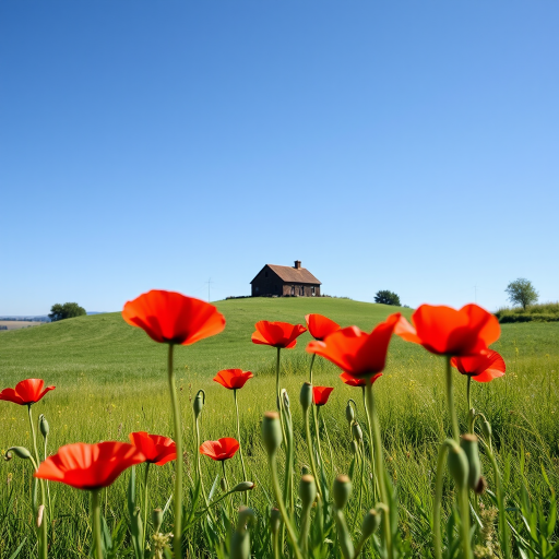 Landscape of a serene countryside with a rustic farmhouse atop a green hill, vibrant red poppies in the foreground, shot with a Canon EOS R5, 24mm lens, f/8 aperture, ISO 100, natural light, wide-angle perspective, emphasizing the detail in flowers and a bright blue sky.