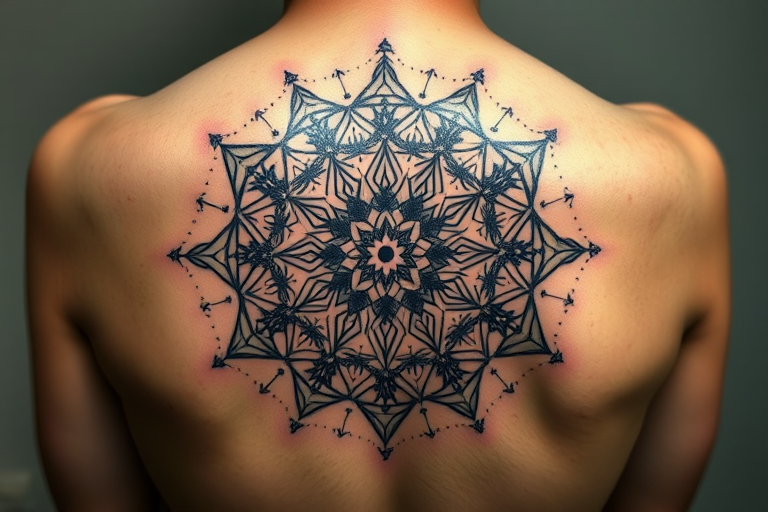 Mandala tattoo called "Sacred Geometry" showcasing a complex, symmetrical design incorporating various spiritual and mathematical symbols, with gradient dot shading and metallic ink accents to create depth and dimension, ideal for shoulder, back, or chest placement
