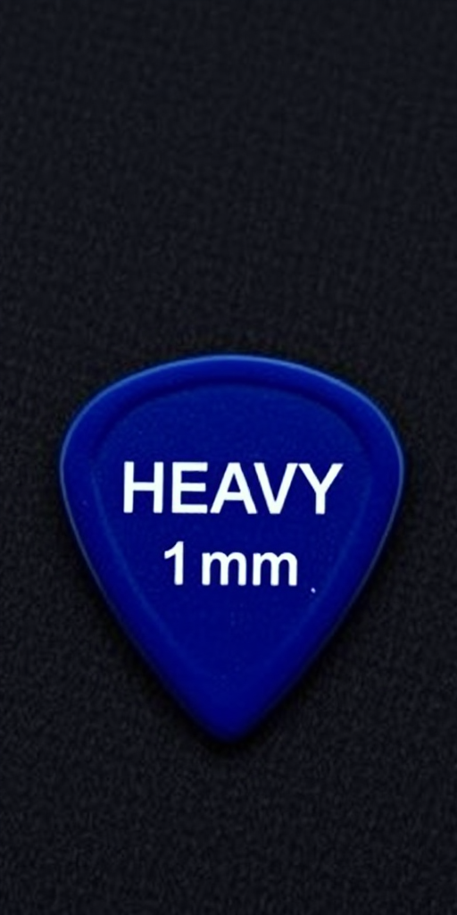 Create a high-resolution image of a heavy guitar pick, triangular shape, deep blue color with the text "HEAVY" in white font and "1 mm" in smaller white font, use a 50mm lens at f/2.8, shot from a top-down view with natural lighting to enhance clarity and detail.