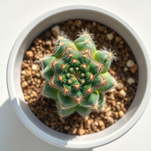 A vibrant cactus in a modern white pot, shot with a Canon EOS R5, 50mm lens, aperture f/2.8, 1/125s shutter speed, bright daylight, top-down view, high-resolution, minimalistic style.
