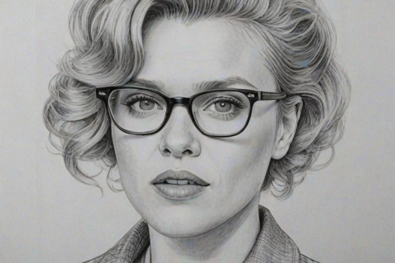 Ravishing Kate McKinnon, pencil sketch, portrait of Pleasing woman 1954s in glasses, hair style beatnik, outline, clear lines, fine lines, 8k