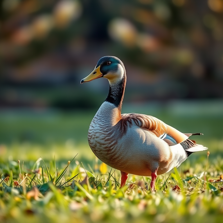 generate an image of a duck on grass with a shallow depth of field, f/2.8 aperture, 50mm lens, low angle perspective, soft natural lighting, and a DSLR camera for enhanced image quality