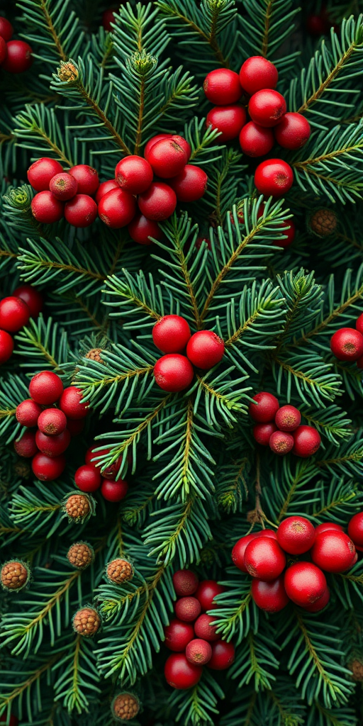 create a high-resolution digital illustration of various evergreen foliage and berries, capturing intricate details and vibrant colors, use a macro lens with a shallow depth of field at f/2.8, shot from a top-down view to highlight textures, use a DSLR camera type for optimal clarity and image quality