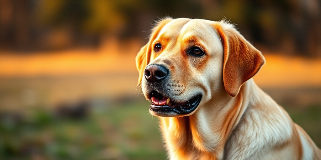 photograph of a golden Labrador retriever in a natural outdoor setting with warm lighting, shallow depth of field, taken with a Canon EOS R5, 85mm lens, f/1.8 aperture, ISO 100, soft focus background to enhance details in the dog's fur and expression