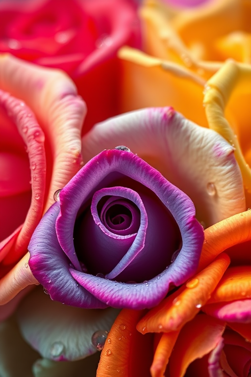vibrant close-up of multicolored roses with water droplets, high dynamic range, f/2.8, ISO 100, 50mm lens, natural light, macro photography
