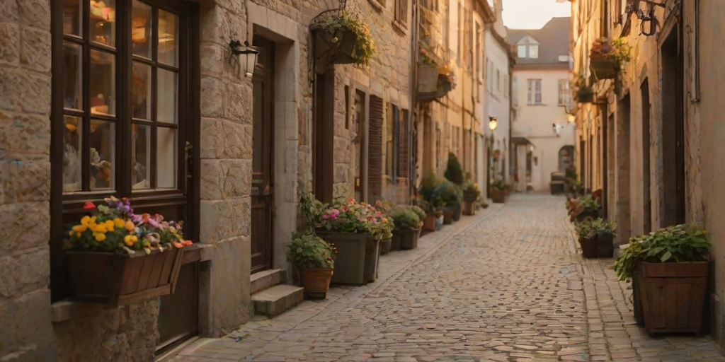 Soft-focus image of a narrow alleyway in a historic European town at sunset, with soft golden light reflecting off cobblestones and flower boxes hanging from windowsills.