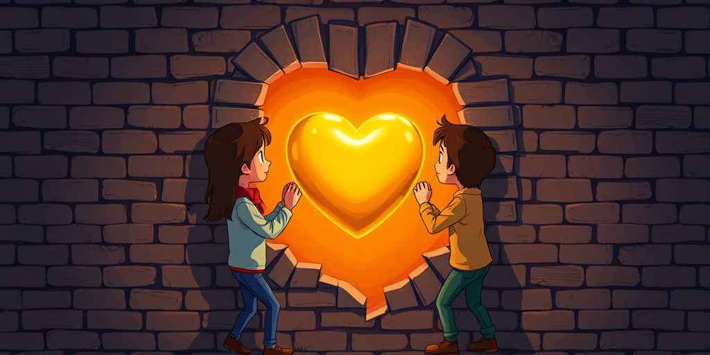 create an illustration of two characters pulling back a wall to reveal a golden heart, set against a dark brick wall, use a Canon EOS R5 with a 24-70mm f/2.8 lens, aperture at f/4, ISO 100, shot from eye level, with vibrant colors and high contrast to enhance image quality