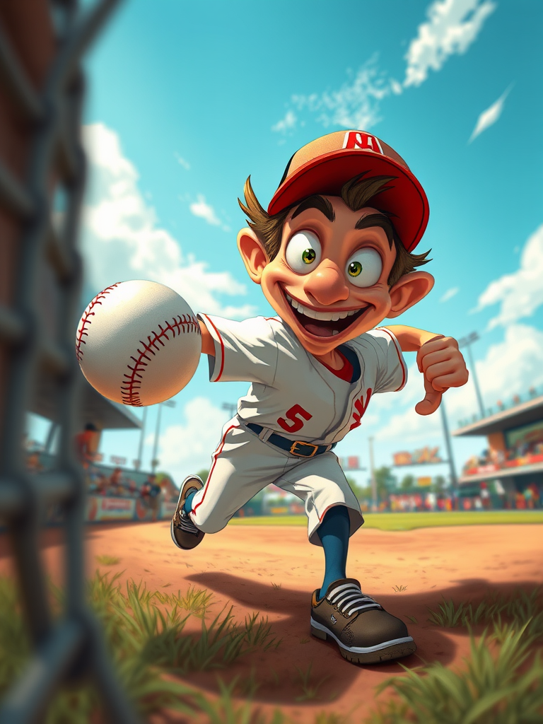 Create a high-resolution illustration of a whimsical character with exaggerated features, throwing a baseball, viewed from a low angle, using a Canon EOS 5D Mark IV, with an aperture of f/2.8, ISO 100, and a shutter speed of 1/500 seconds for enhanced image clarity and depth.
