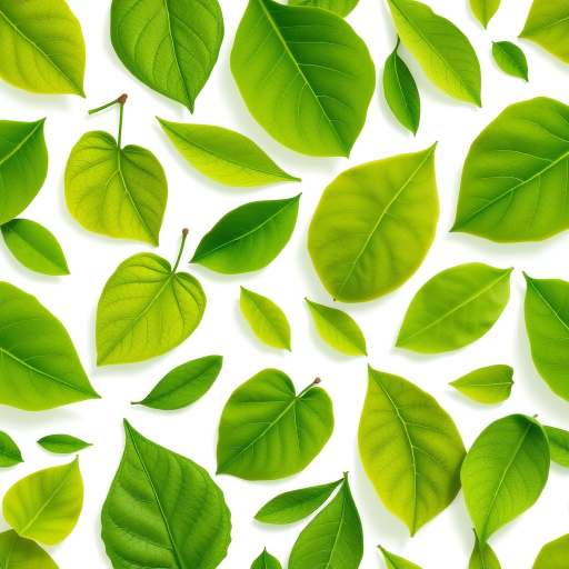 Create a high-resolution digital illustration of various green leaves in a seamless pattern with a white background, using vibrant shades of green and soft shadows to add depth, captured with a Canon EOS 5D Mark IV at f/8, ISO 100, 1/125 sec, with a focus on macro details for enhanced texture.