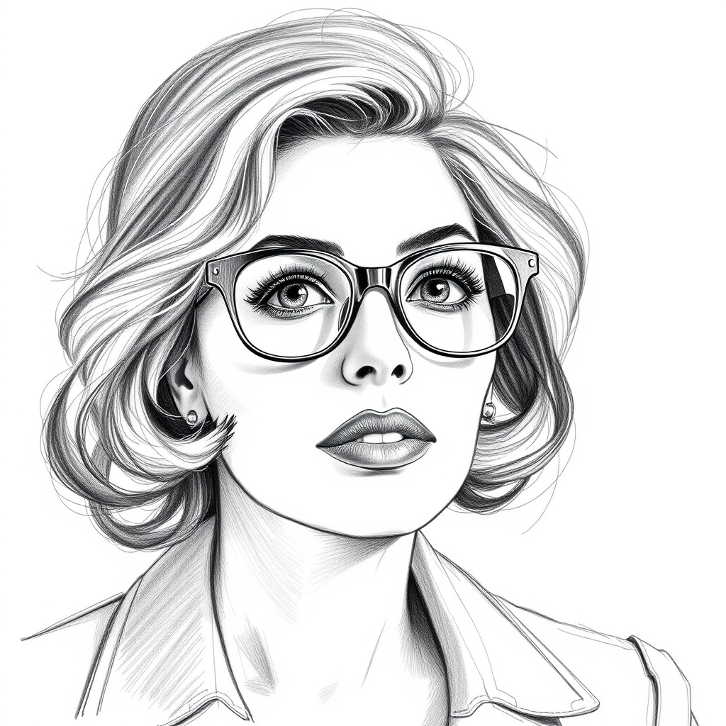 Beautiful Sophia Loren, pencil sketch, portrait of beautiful woman 60s in glasses, hair style beatnik, outline, clear lines, fine lines, 8k