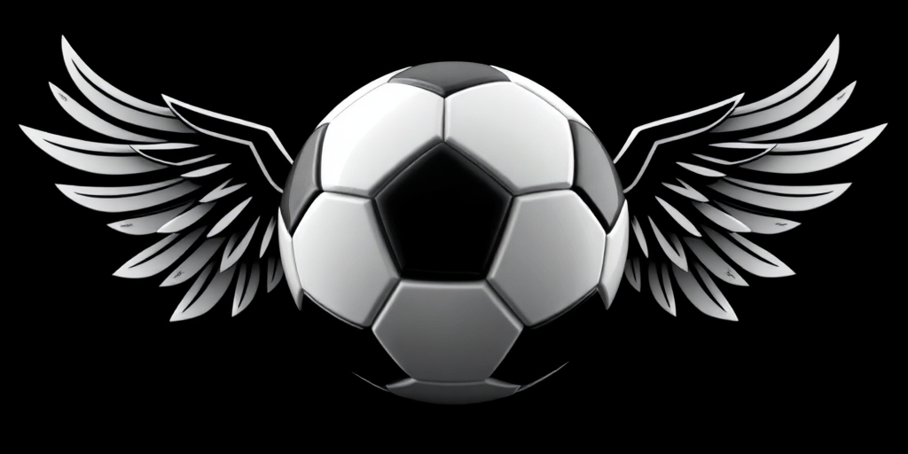 Create a high-resolution vector image of a soccer ball with stylized wings, using a Canon EOS R with a 50mm lens, aperture set to f/2.8, ISO 100, and a shallow depth of field, emphasizing the contrast between the black and white colors.