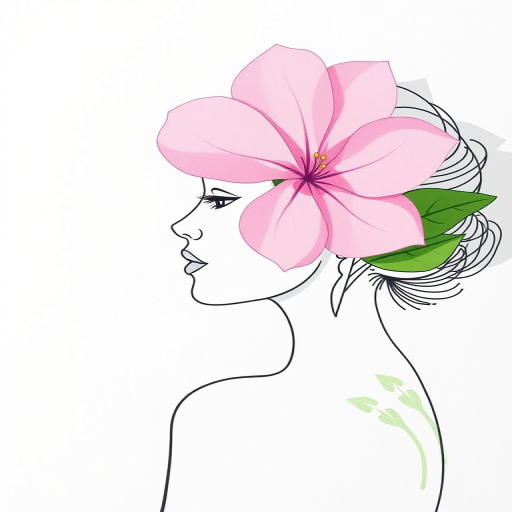 Create a minimalist line drawing of a woman's profile with a large pink flower in her hair and a green leaf at her shoulder, using a DSLR camera with a 50mm lens, aperture f/2.8, ISO 100, shot in natural light, focus on soft pastel colors and subtle shadows for depth.