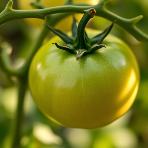 close-up of a green tomato on a vine, shallow depth of field, f/2.8, 1/200 sec, ISO 100, macro lens, soft natural lighting, DSLR camera