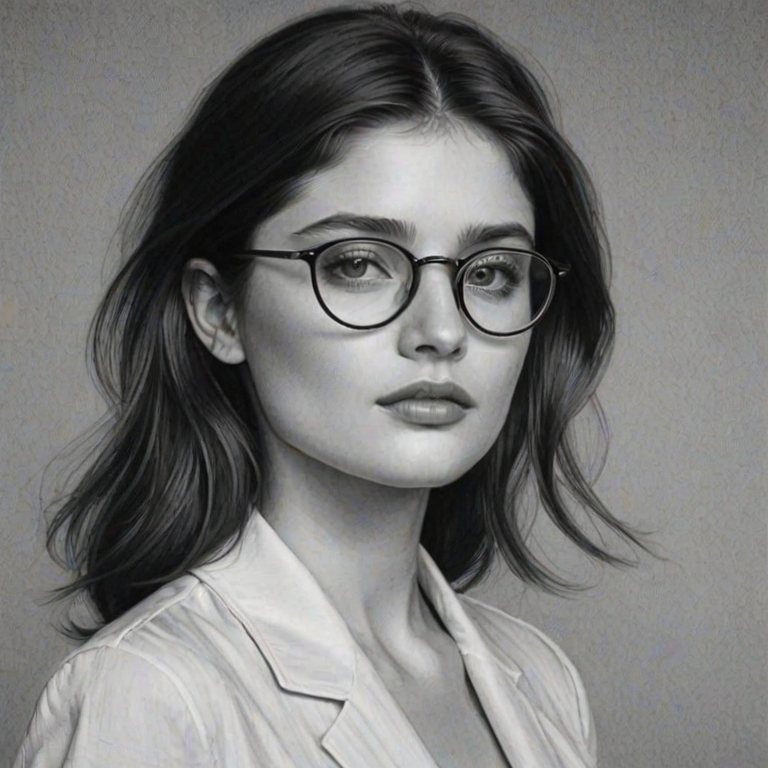 Fascinating Eve Hewson, pencil sketch, portrait of Exquisite woman 1979s in glasses, hair style beatnik, outline, clear lines, fine lines, 8k