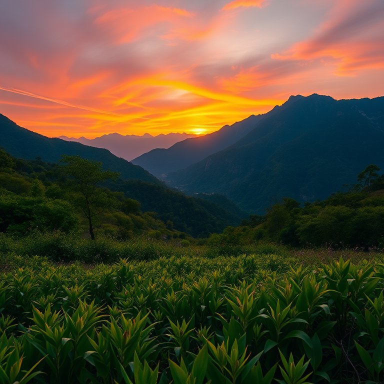 Create an image of a serene landscape during sunset with mountains in the background, lush greenery in the foreground, shot with a Canon EOS R5 at f/8, ISO 100, 1/250s, using a wide-angle lens, in vibrant colors and high dynamic range.