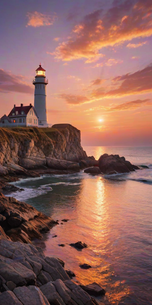 Generate an image of a tall lighthouse perched on a rocky outcrop surrounded by calm ocean waters during a breathtaking sunset. The lighthouse stands sturdy and weathered, its stone surface illuminated by the warm golden light of the setting sun. The sun's rays pass directly through the glass lantern room at the top of the lighthouse, casting a brilliant light across the scene. The sky is painted with vibrant shades of orange, pink, and purple, reflecting off the tranquil sea. The surrounding water shimmers with the same warm hues, creating a serene and majestic atmosphere.