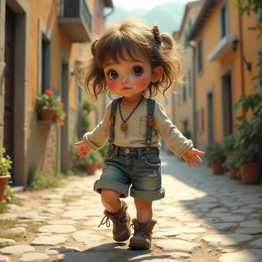 Whimsical little 3-year-old girl wearing scruffy tomboy clothes, boots, messy hair heavily blushed cheeks, pink lips, closely dancing in the street of an Italian village,Textured painterly fantasy artistic mixed media
