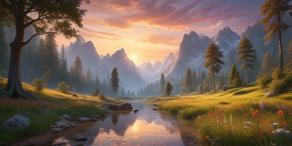 Serene Mountain Landscape at Sunset with Tranquil River and Colorful ...