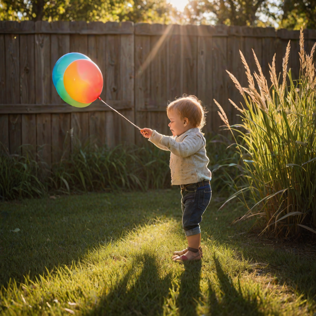 Warm, softly lit image of a toddler playing with a colorful balloon in a sunlit backyard, tall grass swaying in the breeze, with a distant wooden fence casting long shadows.