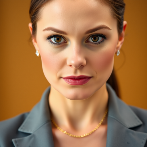 High quality passport photo of a woman wearing a suit and tie looking directly at the camera with her mouth closed and a neutral expression. She is also wearing a delicate gold chain and some understated diamond earrings.