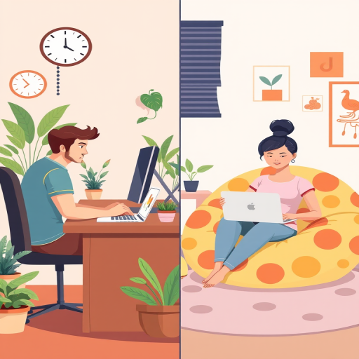 illustrate a split scene with a man working at a desk on one side and a woman relaxing with a laptop in a colorful bean bag chair on the other side, featuring plants, a clock, and decorative wall art in a cozy environment