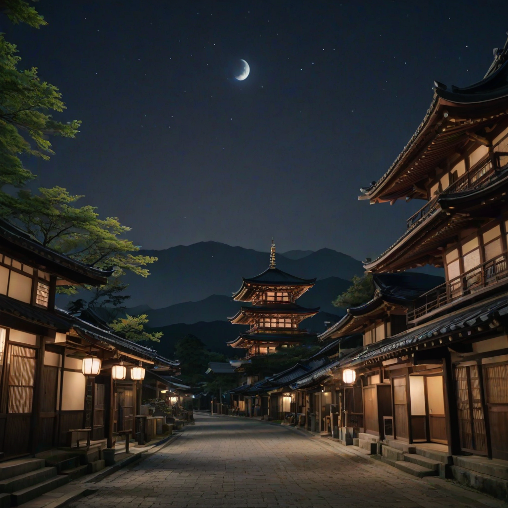 cinematic scene of Akira Kurosawa's movie in uncivilized Japanese townscape in the Edo period, aesthetic landscapes, a small pagoda, cinematic night scene, (photo-realistic:1.2), clear sky, (low-angle shot), dynamic composition, high image quality by digital remastering, vivid colors, highly detailed